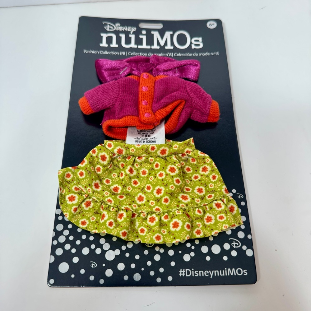 Disney nuiMOs Outfit with Pink and Green Floral Skirt, sweater and headband.